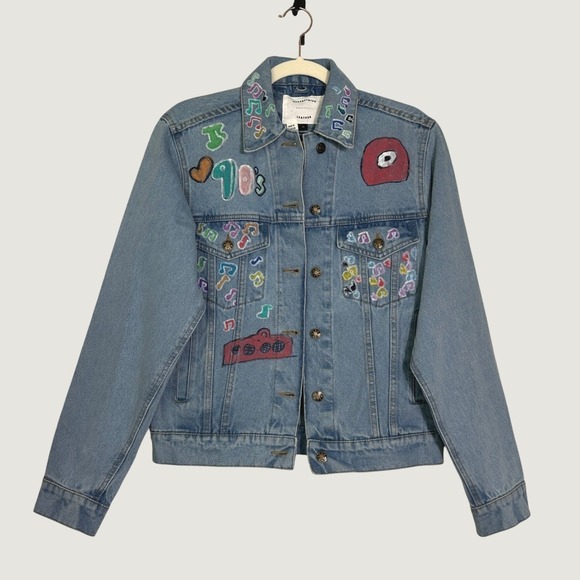 Understated Leather Jackets & Blazers - Understated Leather Denim Jacket Cotton Womens Med Blue 90s Hand Painted Custom